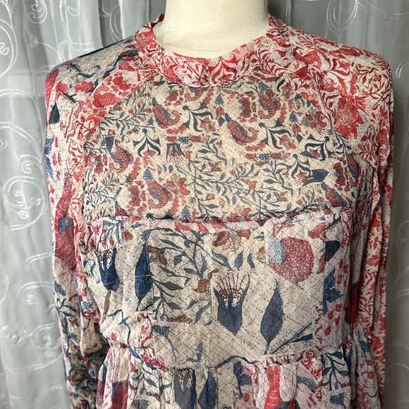 Isabel Marant Floral Bird Sheer Silk Babydoll Blouse size 36 -Small NEW Red Blue - Picture 11 of 16
